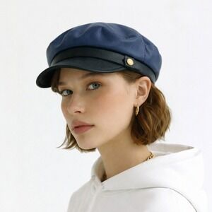 Leather Biker Newsboy Cap Hat Blue Black Military Style Handmade
